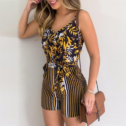 Women's Short Sleeve V-Neck Tropical Print Jumpsuit