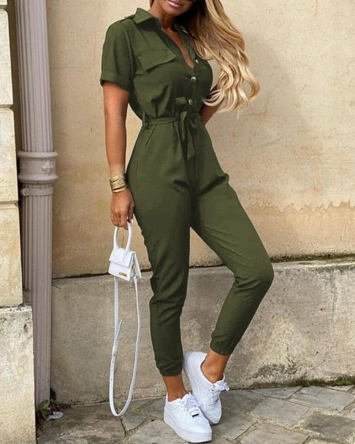 Women's Short Sleeve Casual Pockets Lace Up Solid Jumpsuit