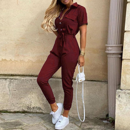 Women's Short Sleeve Casual Pockets Lace Up Solid Jumpsuit