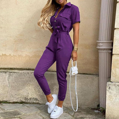 Women's Short Sleeve Casual Pockets Lace Up Solid Jumpsuit