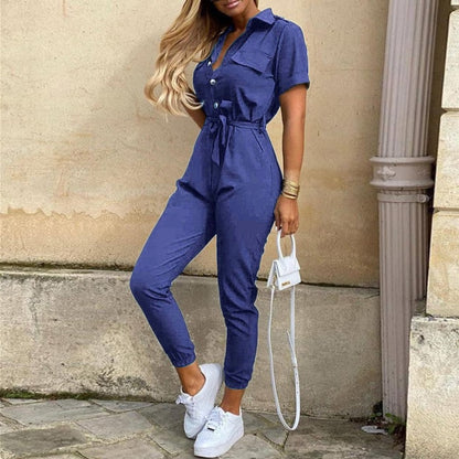 Women's Short Sleeve Casual Pockets Lace Up Solid Jumpsuit