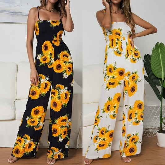 New Sunflower Printed Strap High Waist Rompers