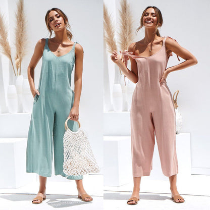 Women O Neck Casual Backless Loose Jumpsuit