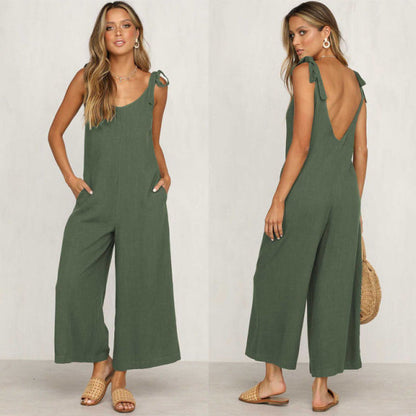 Women O Neck Casual Backless Loose Jumpsuit