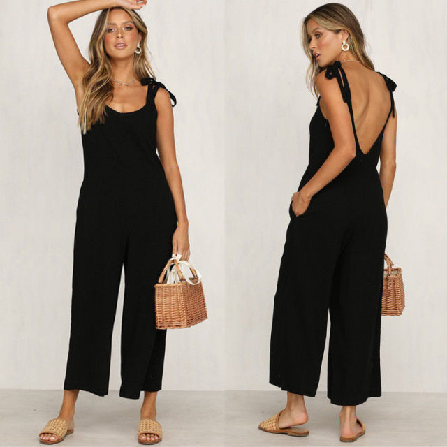 Women O Neck Casual Backless Loose Jumpsuit