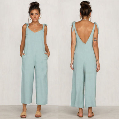 Women O Neck Casual Backless Loose Jumpsuit