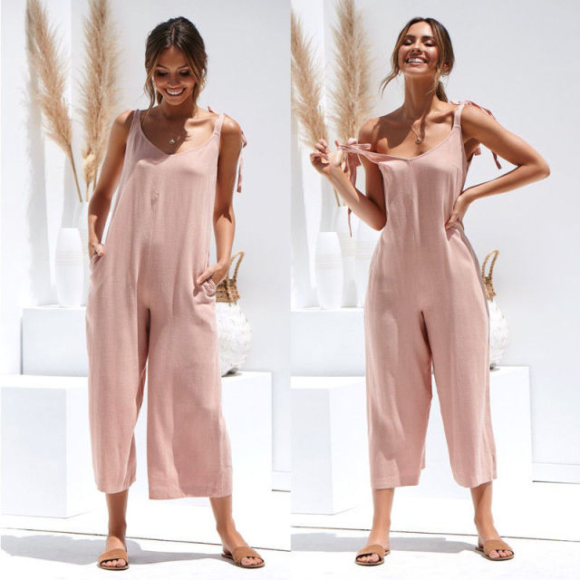 Women O Neck Casual Backless Loose Jumpsuit