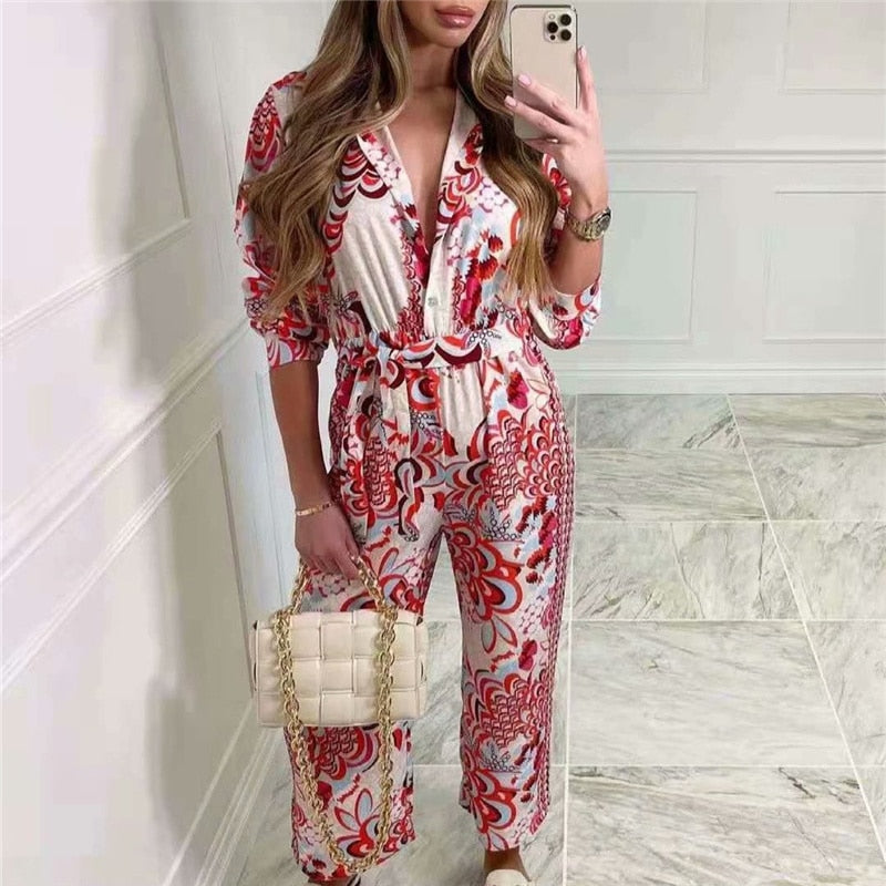 Vintage Woman Red Print Sashes Jumpsuits