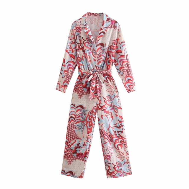 Vintage Woman Red Print Sashes Jumpsuits