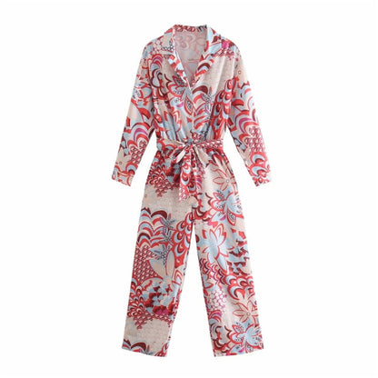 Vintage Woman Red Print Sashes Jumpsuits