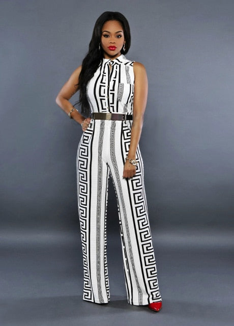 Women V-neck Geometric Print Sleeveless Jumpsuit