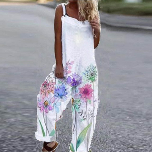 Summer Casual Floral Print Loose Jumpsuits