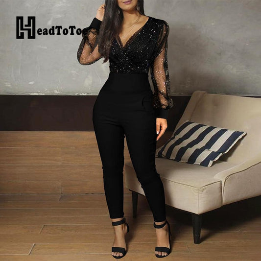 Long Sleeve V Neck Skinny Fit One Piece Overalls Jumpsuit