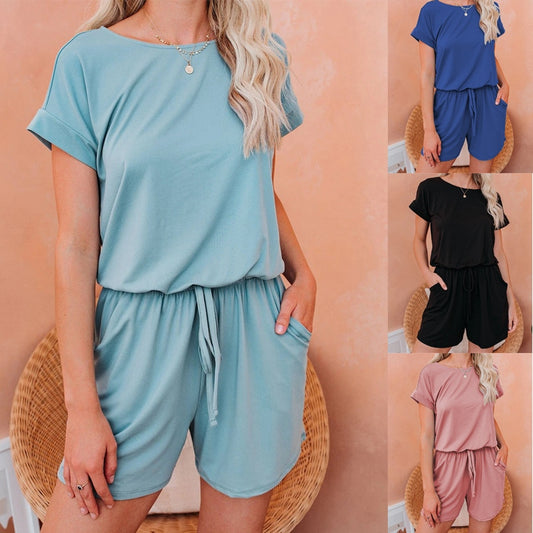 Casual Polyester Tops + Short Soild Short Jumpsuits