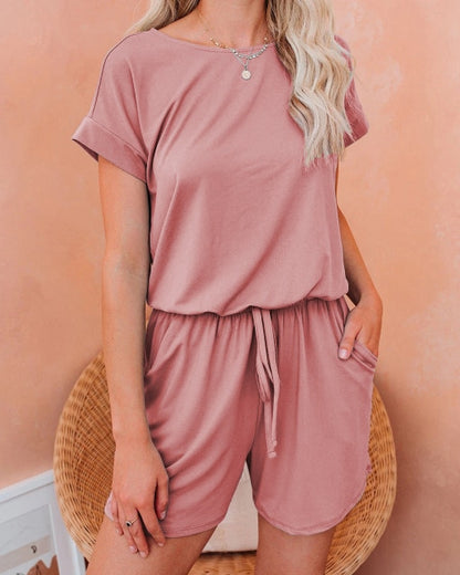 Casual Polyester Tops + Short Soild Short Jumpsuits