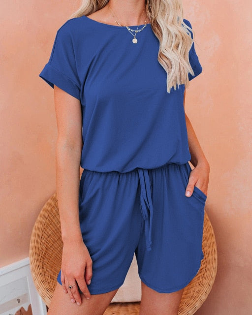 Casual Polyester Tops + Short Soild Short Jumpsuits