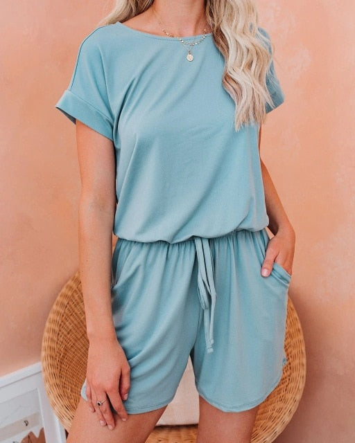 Casual Polyester Tops + Short Soild Short Jumpsuits