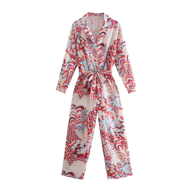 Women Chic Fashion With Sashes Totem Print Jumpsuits