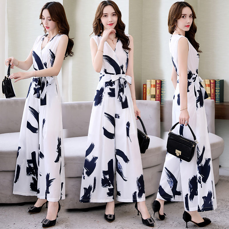 Women Vintage V Neck Print Chic Jumpsuits