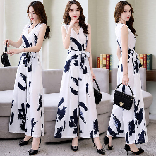 Women Vintage V Neck Print Chic Jumpsuits