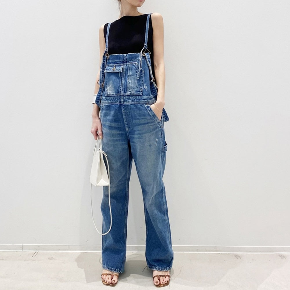 Plain Denim One Piece Casual Pockets Summer Fall Korean Style Jumpsuit