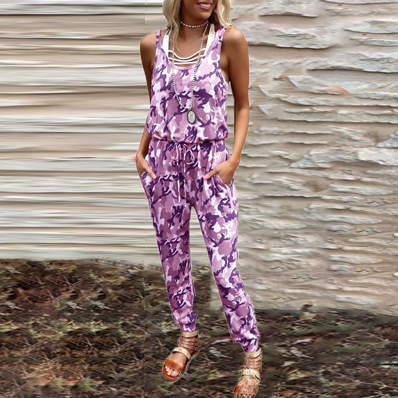 Round Neck Sleeveless Printed Jumpsuit