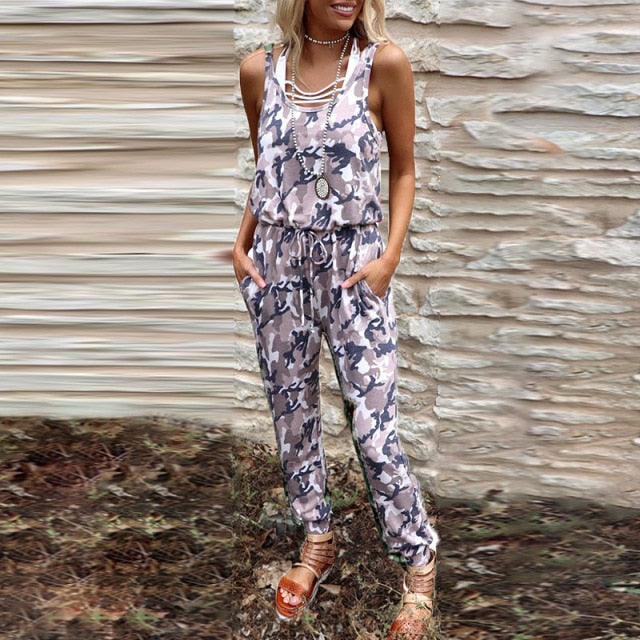 Round Neck Sleeveless Printed Jumpsuit