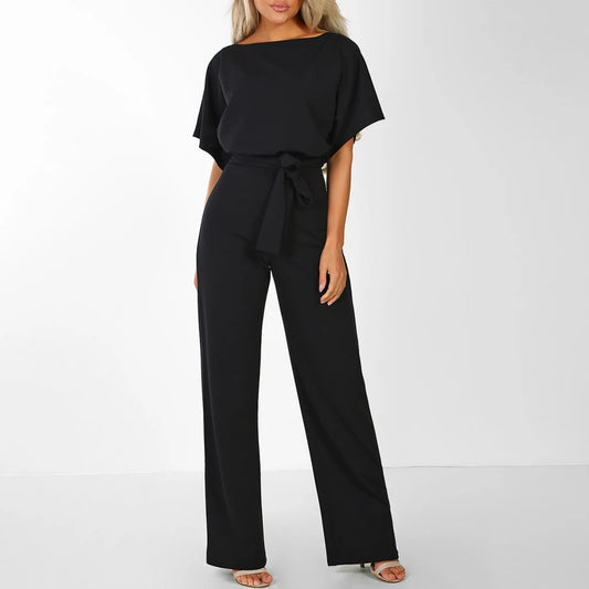 Short Sleeve High Waist Solid Long Playsuit Romper