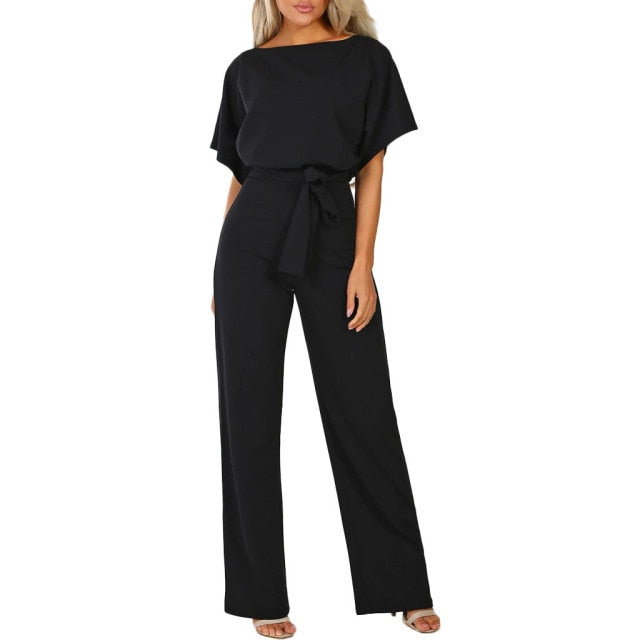 Short Sleeve High Waist Solid Long Playsuit Romper