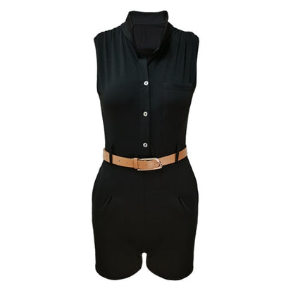 Fashion High Waist Shorts Sleeveless Button Playsuit