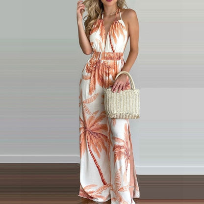 Deep V Neck Backless Loose Sleeveless Lace-up Jumpsuit