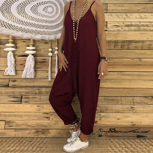 Women Casual Loose Vintage Boho Beach Jumpsuit