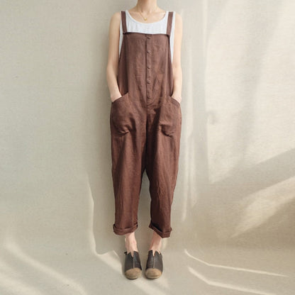 Sleeveless Dungarees Loose Cotton Linen Long Jumpsuit