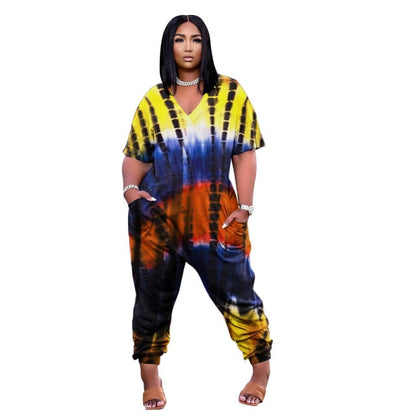 Women V-neck Pockets Loose Full Length Jumpsuits