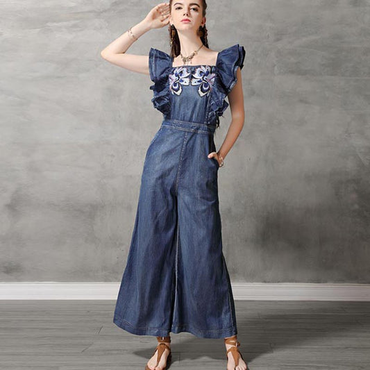 Women  Sleeveless Wide Leg Denim Embroidery Jumpsuit