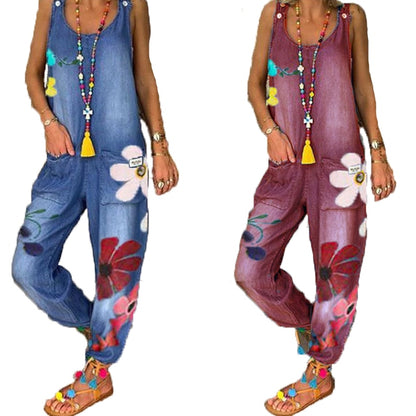 Casual Loose Floral Print Blue Jeans Jumpsuit