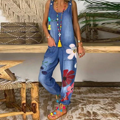 Casual Loose Floral Print Blue Jeans Jumpsuit