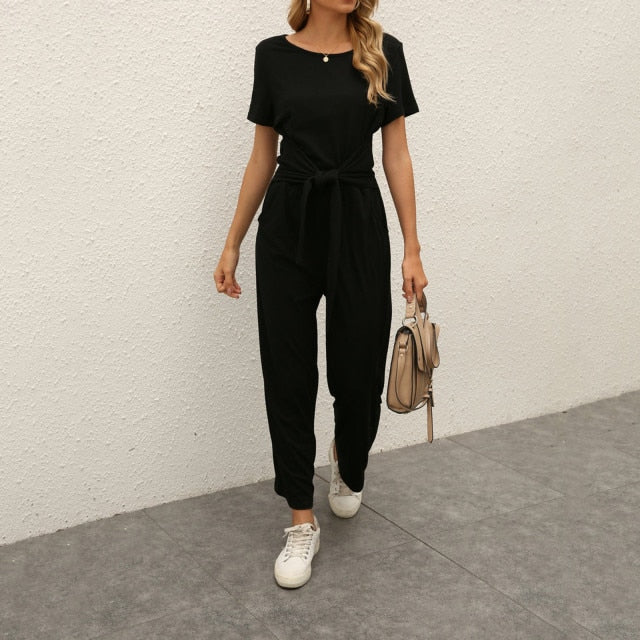 Solid Color O-neck Pocket Casual Chiffon Overalls