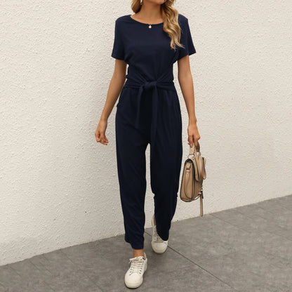 Solid Color O-neck Pocket Casual Chiffon Overalls