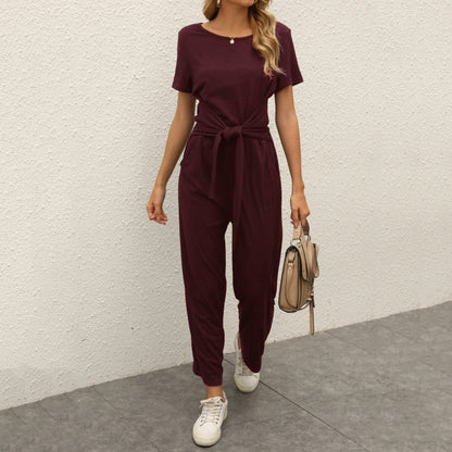 Solid Color O-neck Pocket Casual Chiffon Overalls