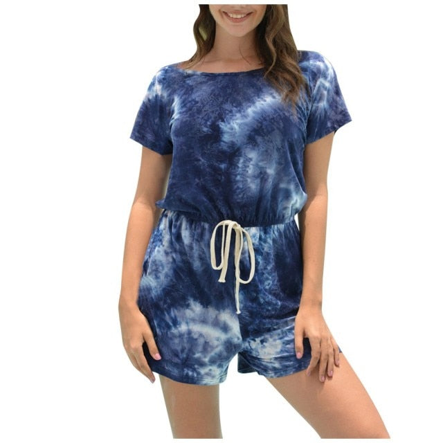 Women Fashion Casual Tie-Dye Short Sleeve Shorts Jumpsuit