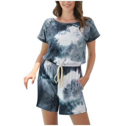 Women Fashion Casual Tie-Dye Short Sleeve Shorts Jumpsuit