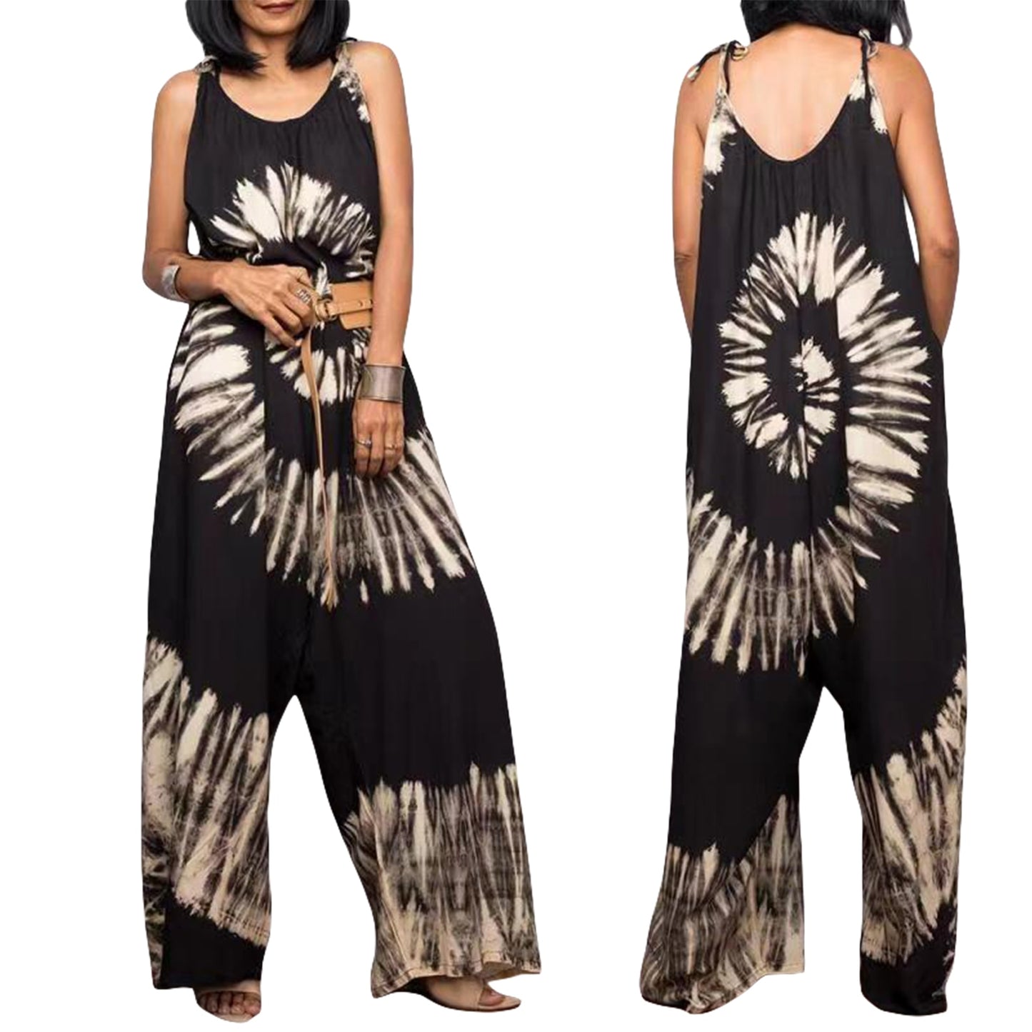 U-shaped Collar Sleeveless Tie-dyed Printed Jumpsuit