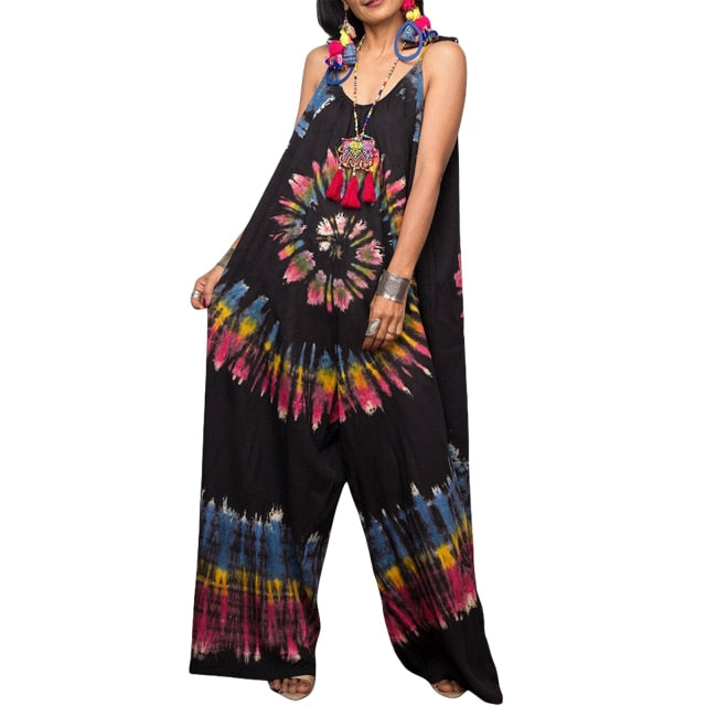 U-shaped Collar Sleeveless Tie-dyed Printed Jumpsuit