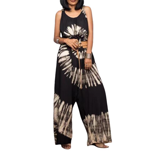 U-shaped Collar Sleeveless Tie-dyed Printed Jumpsuit