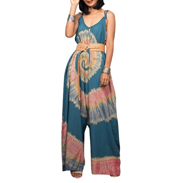 U-shaped Collar Sleeveless Tie-dyed Printed Jumpsuit