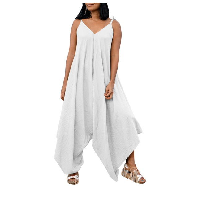 Summer Solid Pocket V-neck Beach Strap Loose Jumpsuits