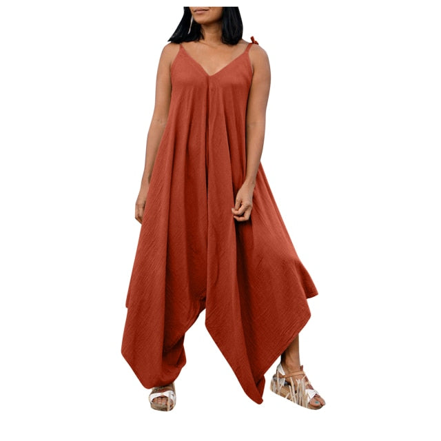 Summer Solid Pocket V-neck Beach Strap Loose Jumpsuits