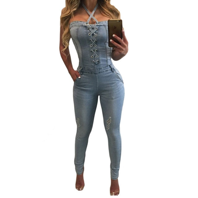 Women Slim Elegant Denim Playsuit