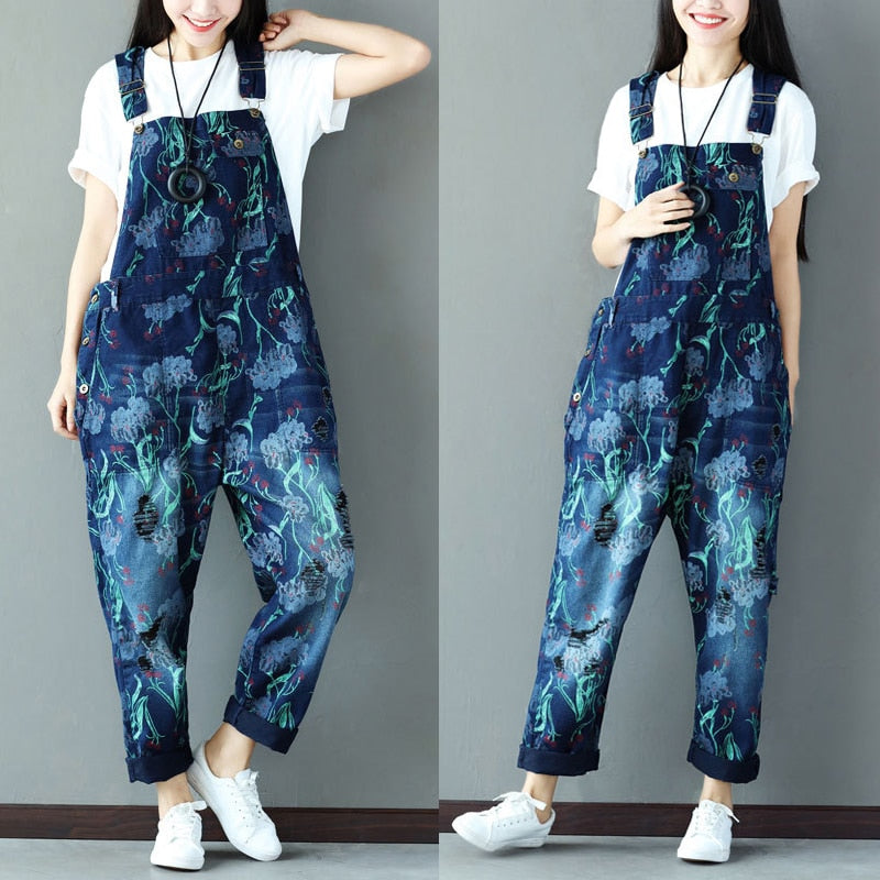 New Printed Ladies Overalls Denim Jeans Loose Jumpsuits